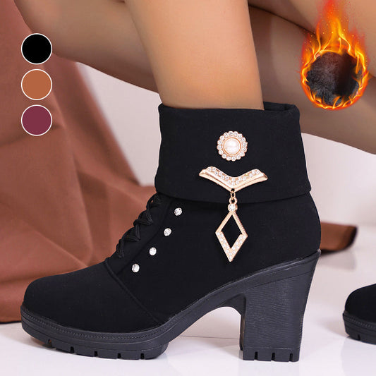🔥Solange der Vorrat reicht 40 % Rabatt!🎉Damen Stiefeletten mit dickem Absatz und Strass-Dekor