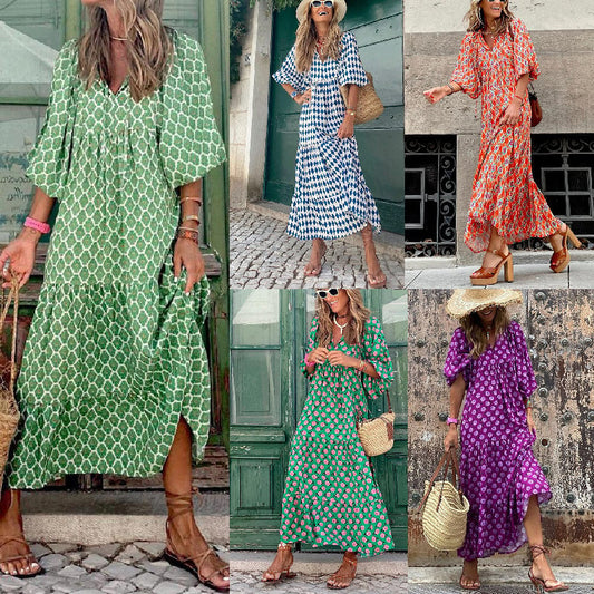👗Elegant boho maxiklänning med puffärmar och blommönster