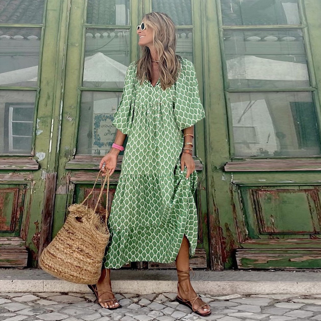 👗Robe longue bohème élégante à manches bouffantes et motif floral
