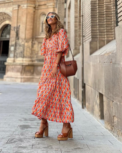 👗Robe longue bohème élégante à manches bouffantes et motif floral
