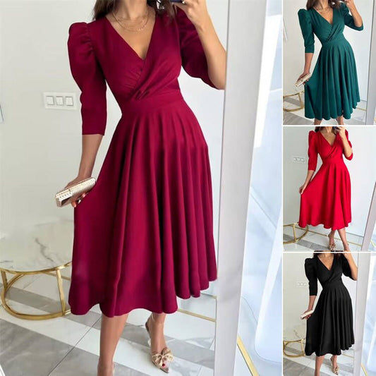 Vestido midi plisado y con forma de cintura con un cuello en V para mujeres