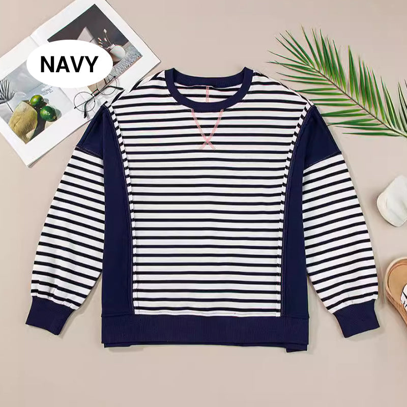 Stylish round neck tops with stripes and color blocking