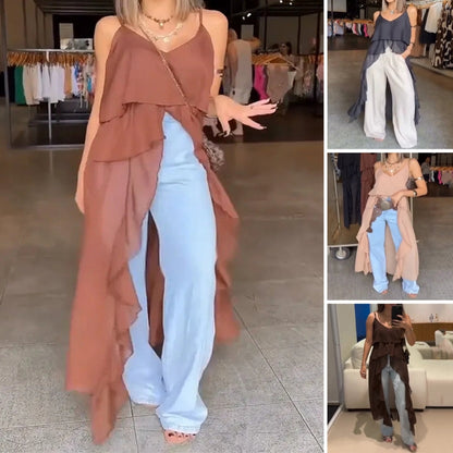 Túnica de camisola de damas con volantes en capas y dobladillo de hendidura alta
