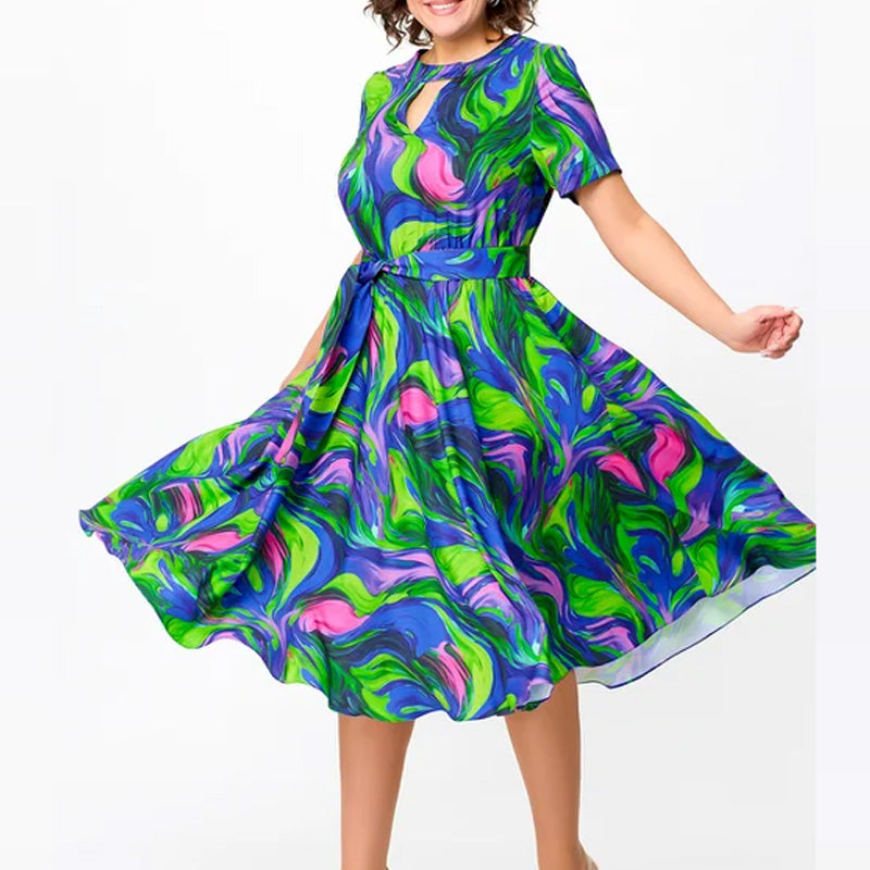 Vestido midi de cintura corta, cintura, impresa para mujeres