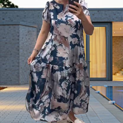 Lös cirkulär halsringning Kort -sleeved klänning med blommönster
