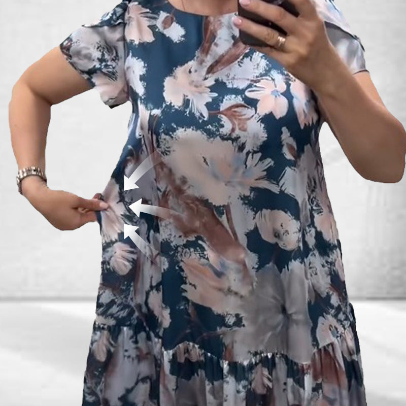 Lös cirkulär halsringning Kort -sleeved klänning med blommönster