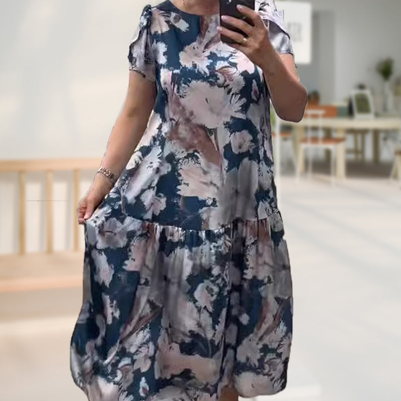 Lös cirkulär halsringning Kort -sleeved klänning med blommönster