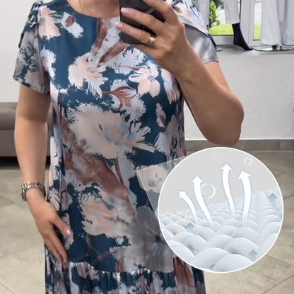 Lös cirkulär halsringning Kort -sleeved klänning med blommönster