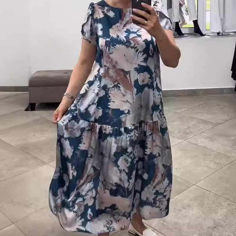 Lös cirkulär halsringning Kort -sleeved klänning med blommönster