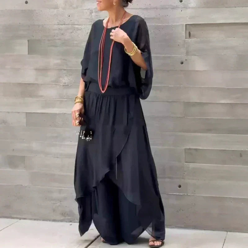 💗Ensemble 2 pièces en mousseline avec un haut ample et un pantalon à larges fentes