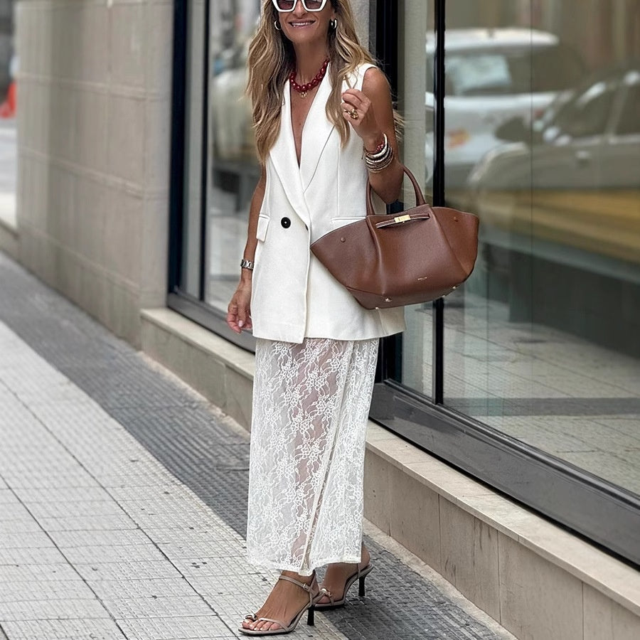2-part set of sleeveless blazer vest and top skirt
