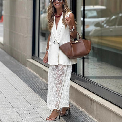 2-part set of sleeveless blazer vest and top skirt