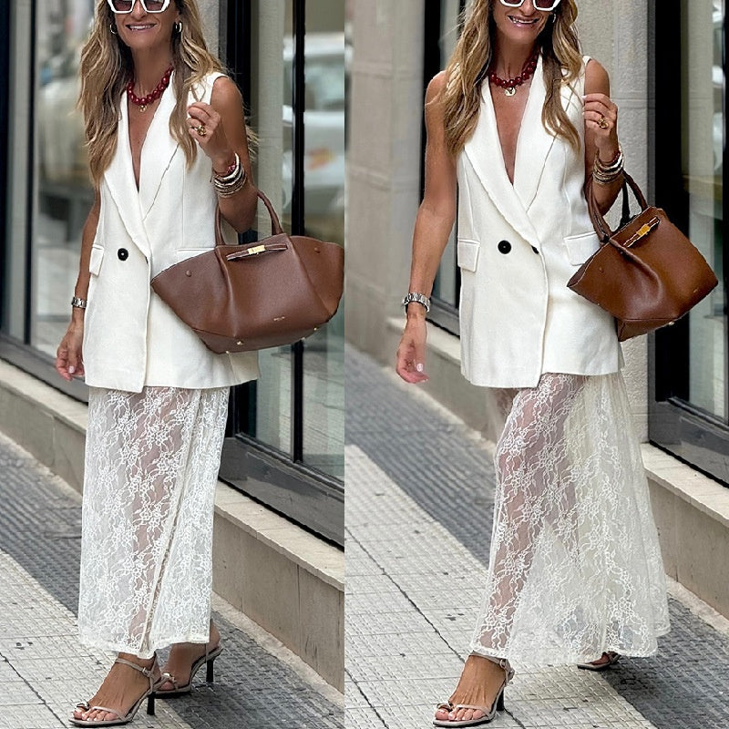 2-part set of sleeveless blazer vest and top skirt