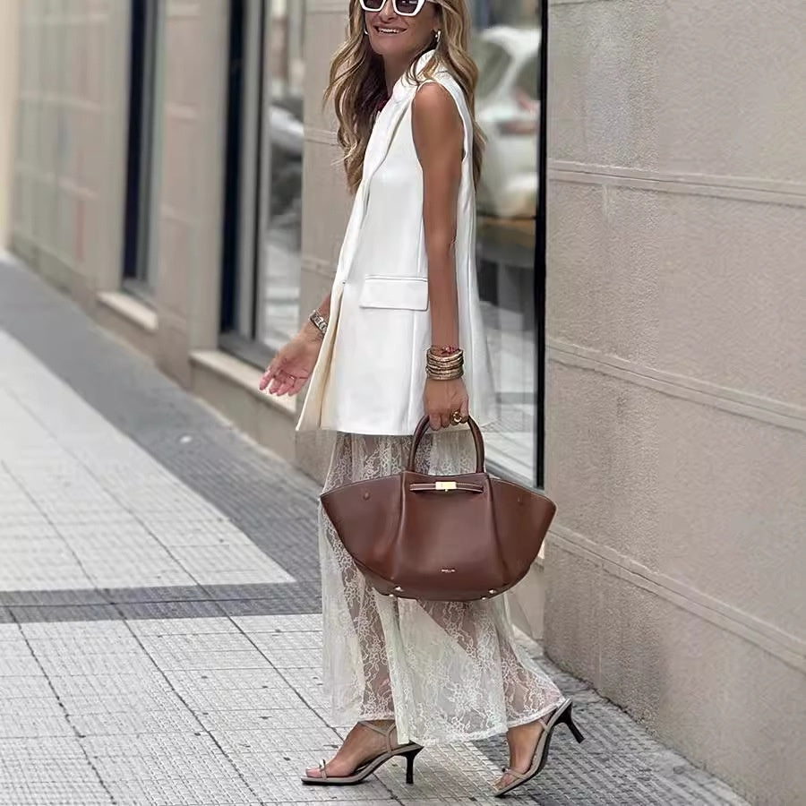 2-part set of sleeveless blazer vest and top skirt
