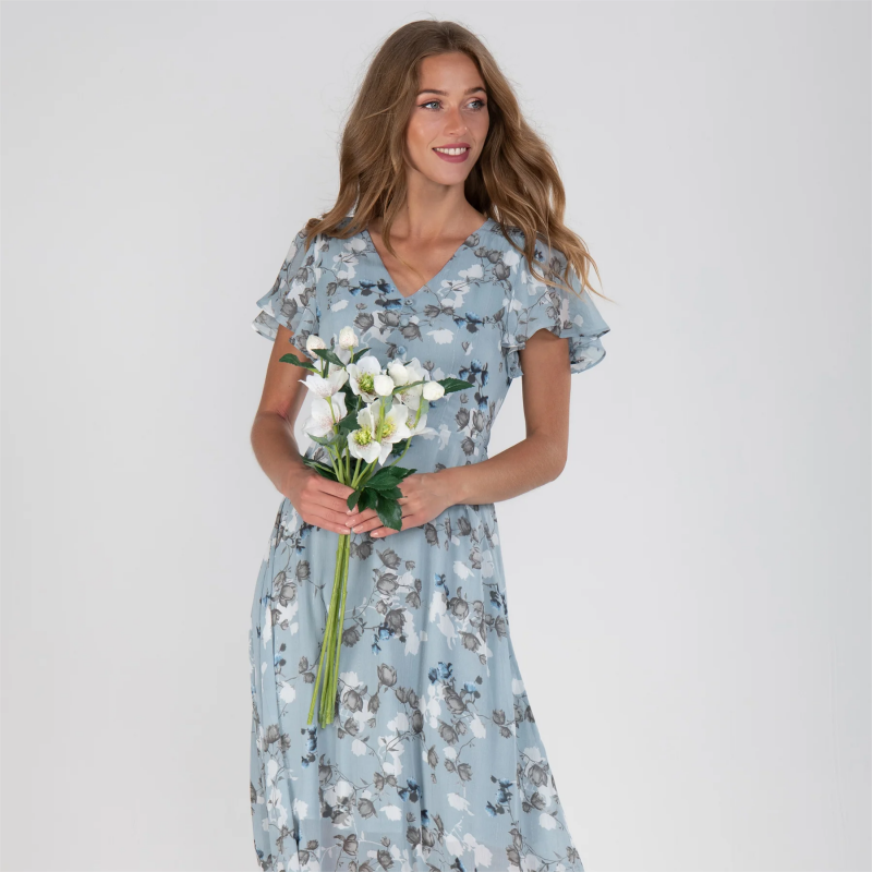 Kurzärmeliges langes Kleid mit Blumendruck