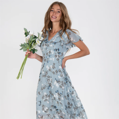 Kurzärmeliges langes Kleid mit Blumendruck