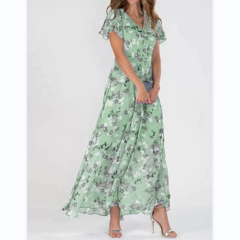 Kurzärmeliges langes Kleid mit Blumendruck