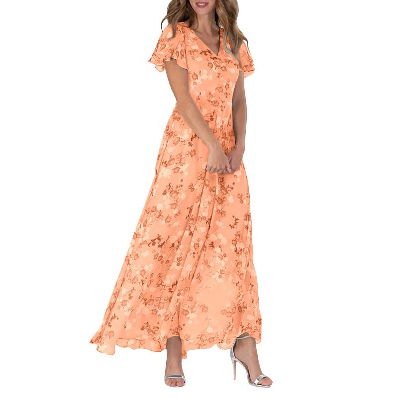Kurzärmeliges langes Kleid mit Blumendruck