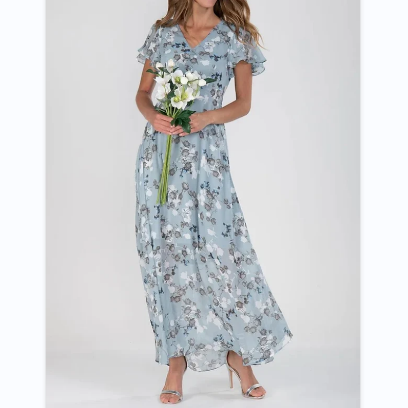 Kurzärmeliges langes Kleid mit Blumendruck