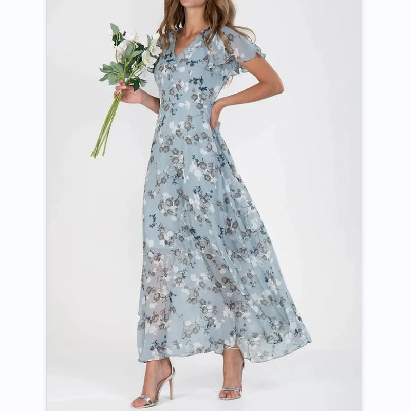 Kurzärmeliges langes Kleid mit Blumendruck