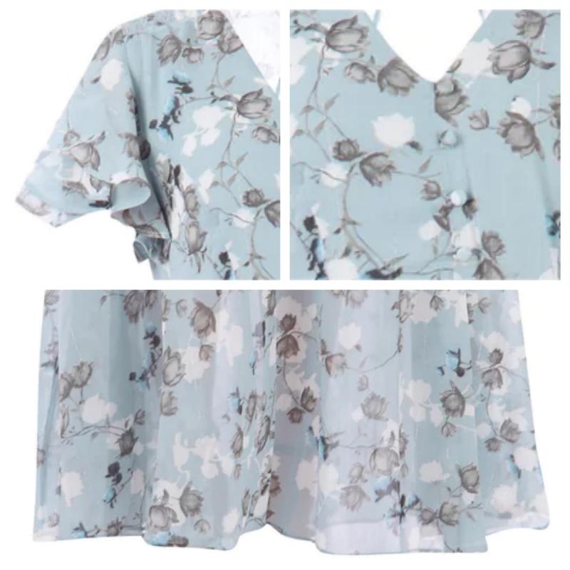 Kurzärmeliges langes Kleid mit Blumendruck