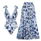 💥 Special offer: 50% discount 💥 One-piece swimsuit with V-neck, lacing and print and skirt