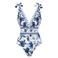 💥 Special offer: 50% discount 💥 One-piece swimsuit with V-neck, lacing and print and skirt