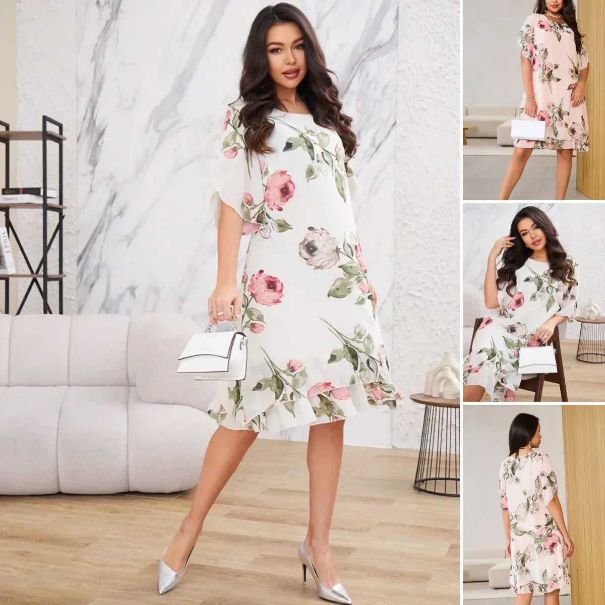 Flowing chiffon dress with blush-colored petals