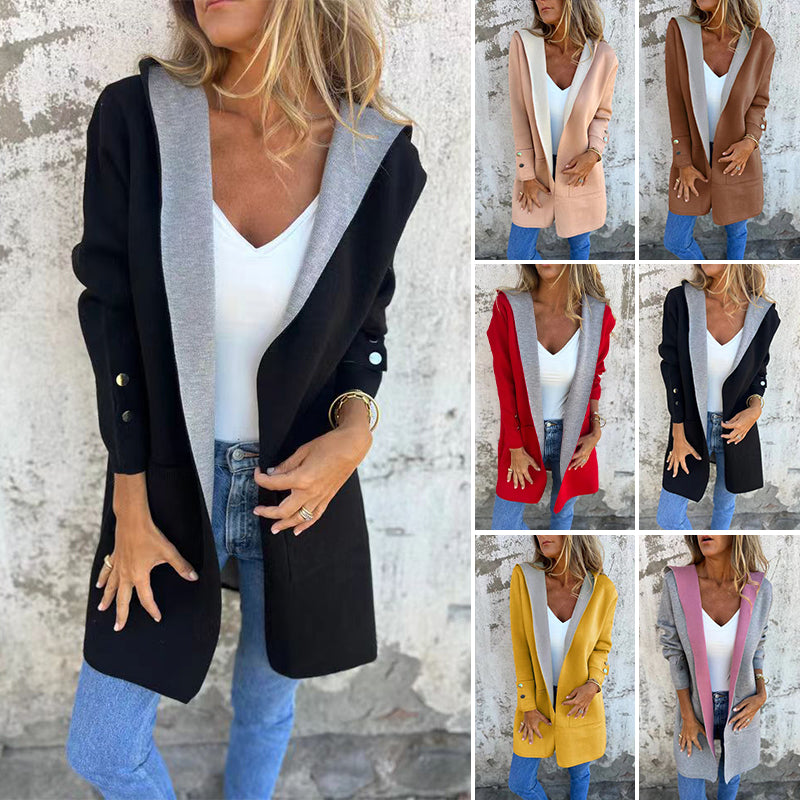 Giacca con cappuccio di cardigan bloccato a colori da donna