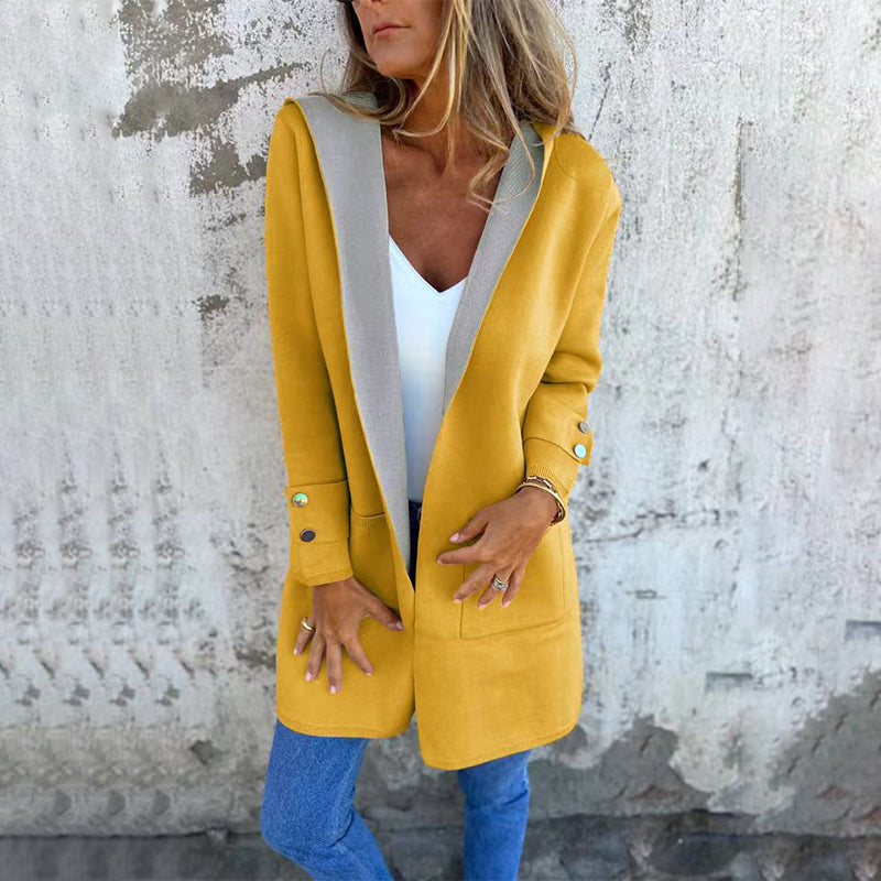 Giacca con cappuccio di cardigan bloccato a colori da donna