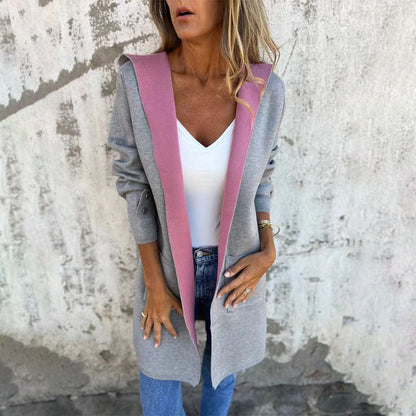 Giacca con cappuccio di cardigan bloccato a colori da donna