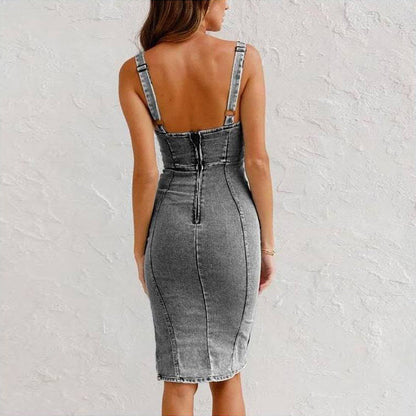 🌷Sconto del 49% sulla prevendita primaverile🍃Abito in denim con scollo a U, spacco e spalline regolabili