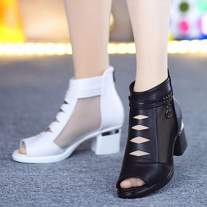 Sandalen für Damen, Stiefeletten aus weichem Leder mit mittlerem Absatz und Netzstoff