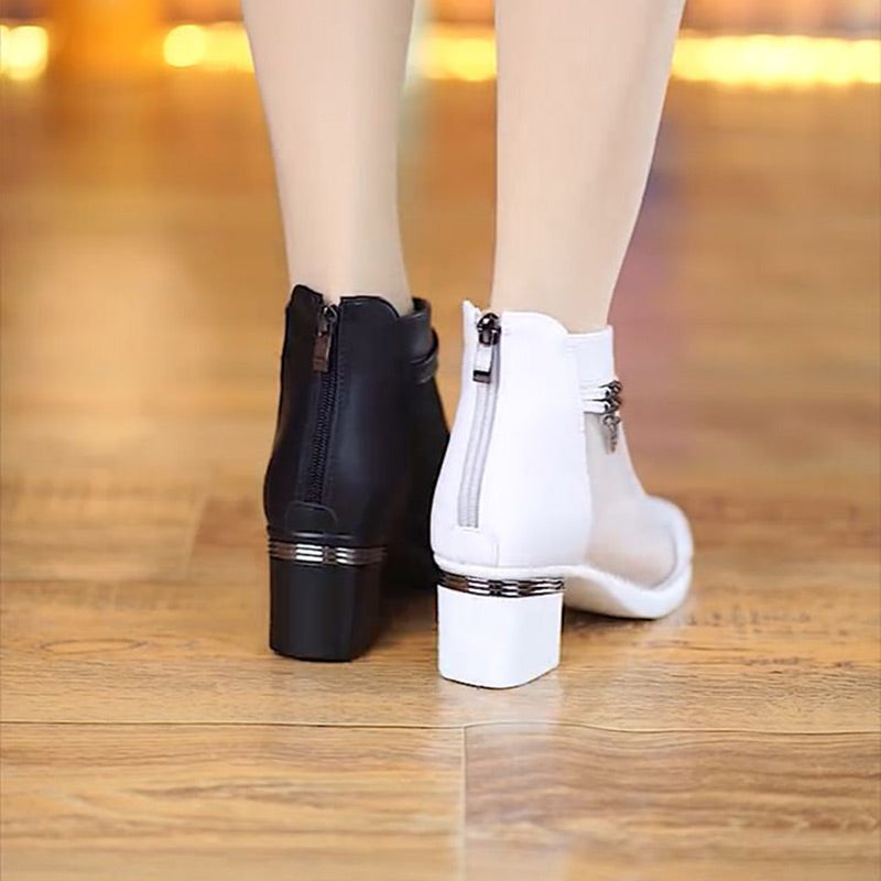 Sandalen für Damen, Stiefeletten aus weichem Leder mit mittlerem Absatz und Netzstoff