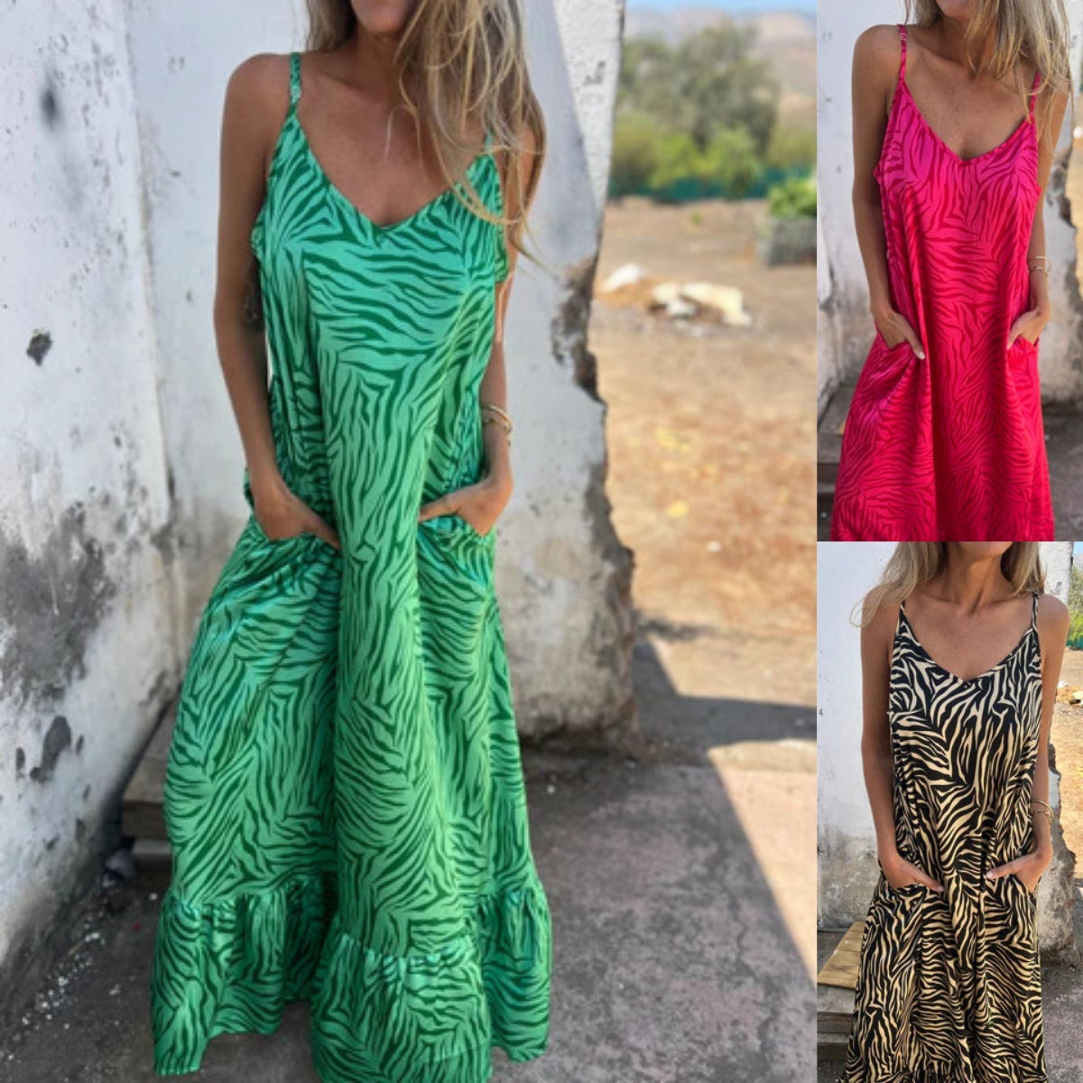 Damas Maxikleid con presión y seguidores de espagueti