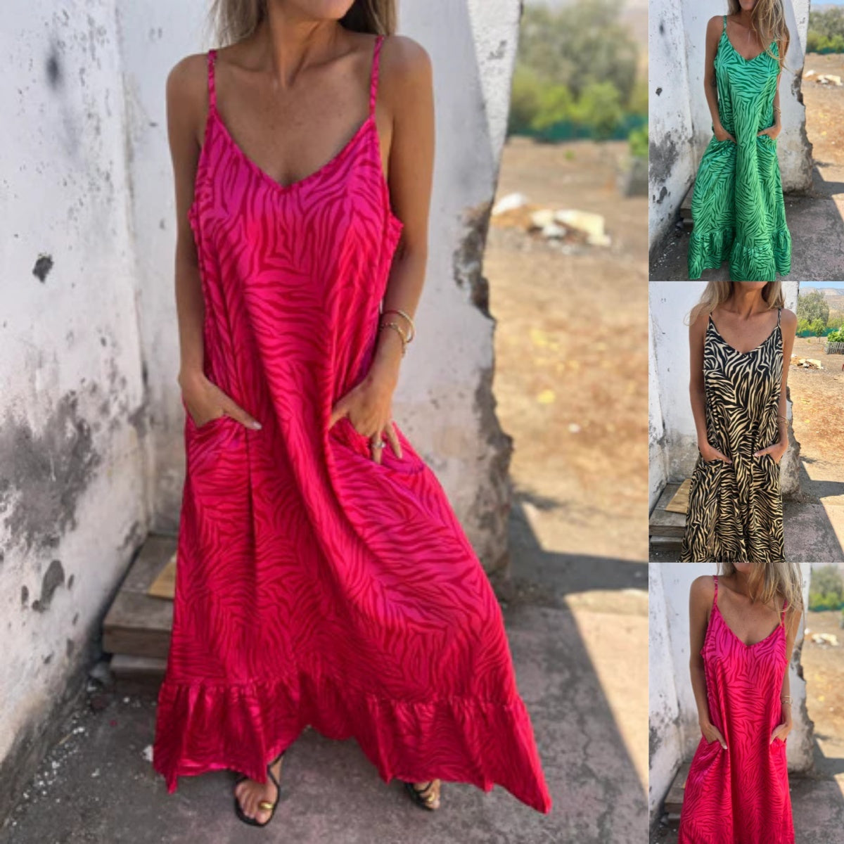 Damas Maxikleid con presión y seguidores de espagueti