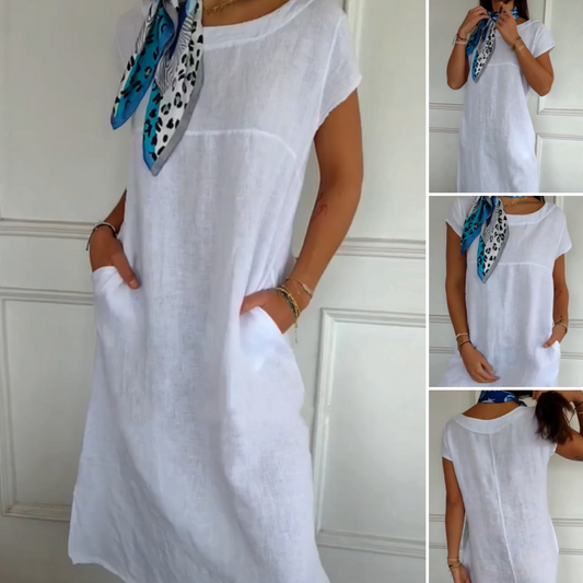 🏖️Soldes Verano 50% de descuento🌼Vestido de algodón de cuello redondo y manga corta para mujer