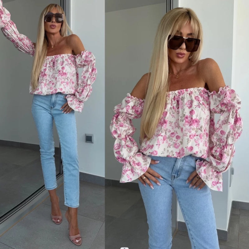 Off-shoulder-bluse med blomstertrykk og elastisk elastisk bånd på halsen