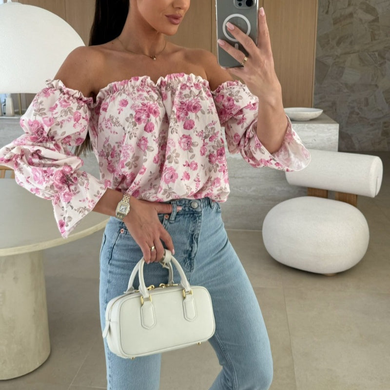 Off-shoulder-bluse med blomstertrykk og elastisk elastisk bånd på halsen