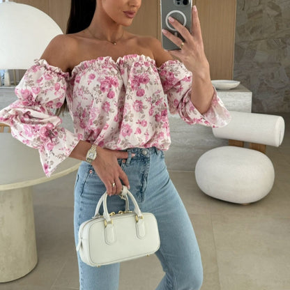 Off-shoulder-bluse med blomstertrykk og elastisk elastisk bånd på halsen