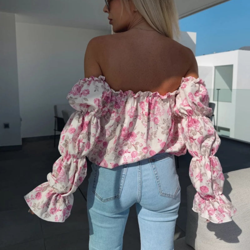 Off-shoulder-bluse med blomstertrykk og elastisk elastisk bånd på halsen