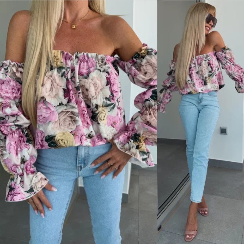 Off-shoulder-bluse med blomstertrykk og elastisk elastisk bånd på halsen