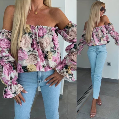 Off-shoulder-bluse med blomstertrykk og elastisk elastisk bånd på halsen