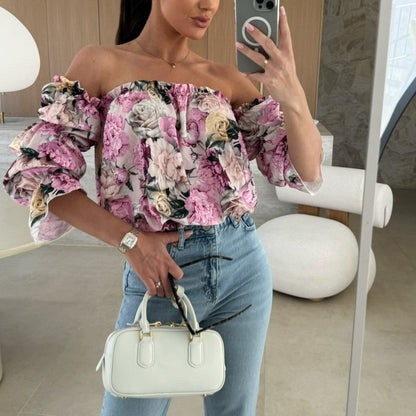 Off-shoulder-bluse med blomstertrykk og elastisk elastisk bånd på halsen
