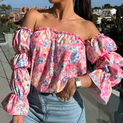 Off-shoulder-bluse med blomstertrykk og elastisk elastisk bånd på halsen
