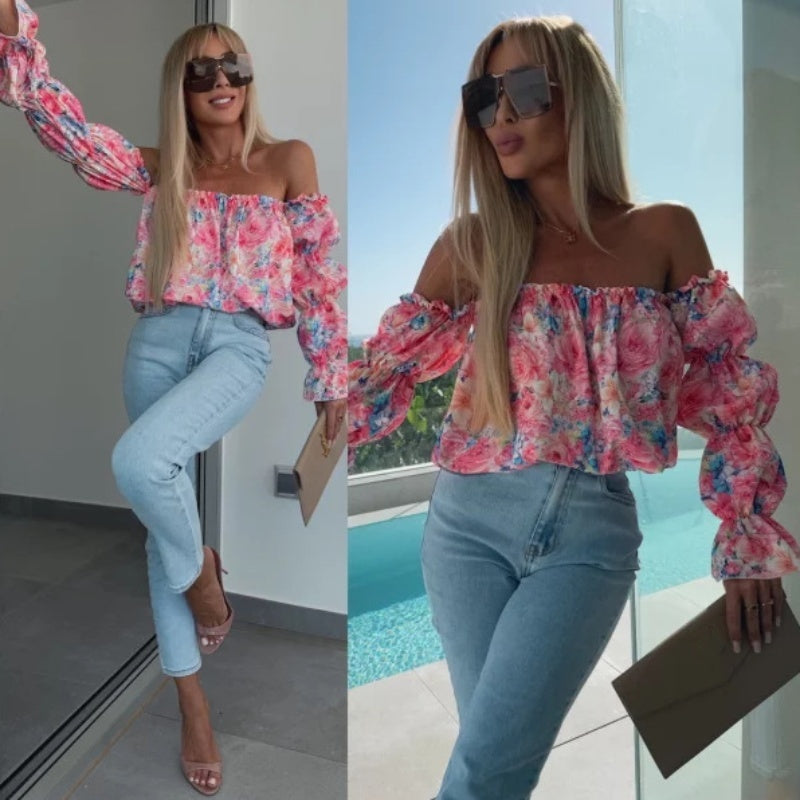 Off-shoulder-bluse med blomstertrykk og elastisk elastisk bånd på halsen