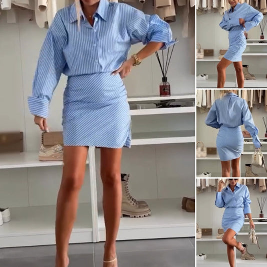 💖💖Abito-camicia a righe a maniche lunghe con revers💖💖