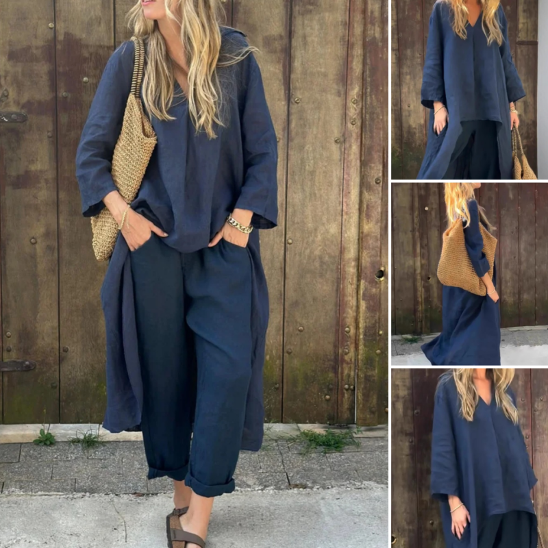🌞👚Completo estivo da donna composto da 2 pezzi con vestibilità ampia, scollo a V e tasca🌸