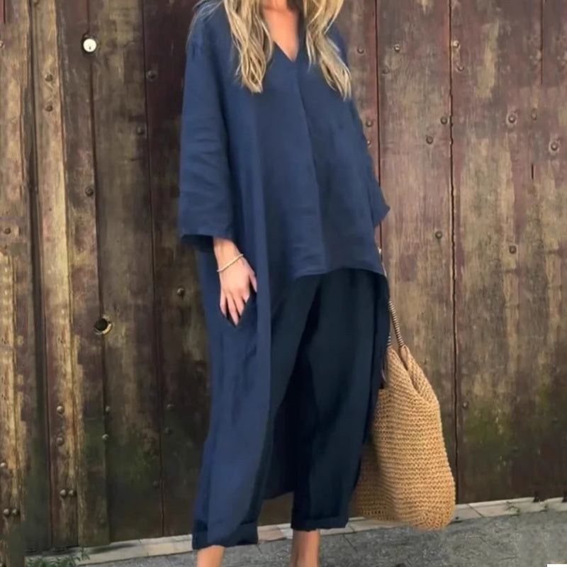 🌞👚Completo estivo da donna composto da 2 pezzi con vestibilità ampia, scollo a V e tasca🌸