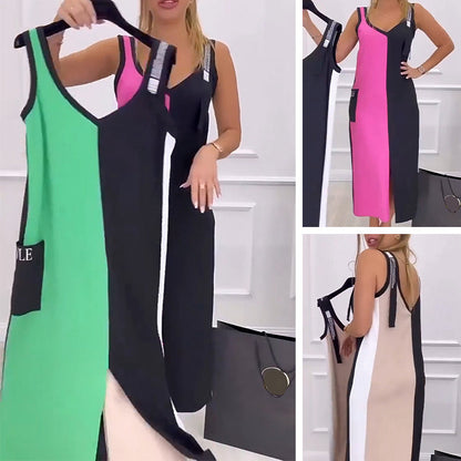 50% de descuento 🥰Vestido de punto con bloques de color y cuello en V sin mangas